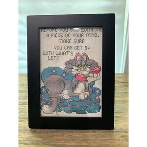 Handmade Framed Cross Stitch Art Piece of Your Mind Cat 6.5"
